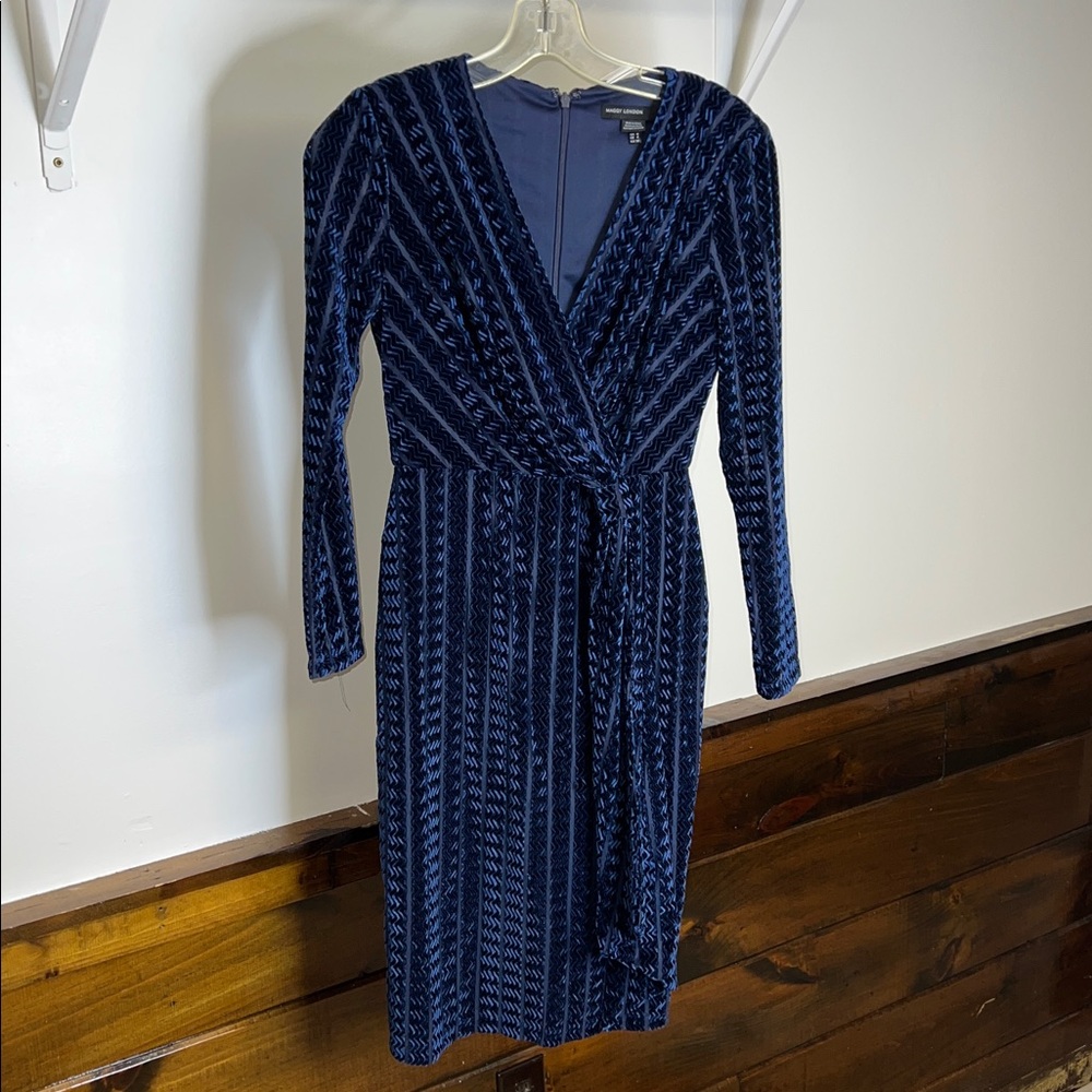 Maggy London Navy Long Sleeve Velvet Faux Wrap Dress- 0